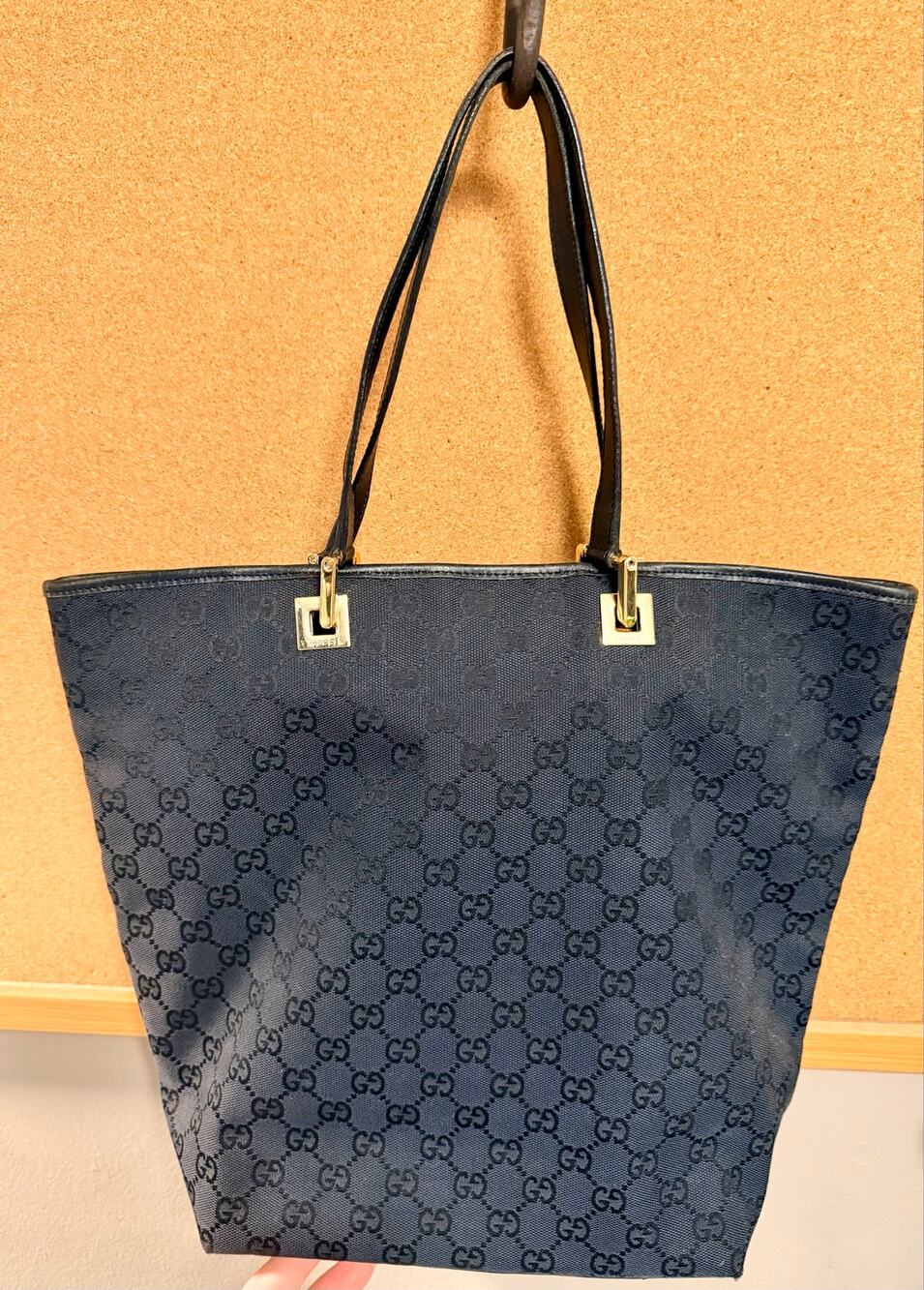 Vintage Gucci GG Monogram Canvas Tote Black Leather Gold Hardware 002 1096